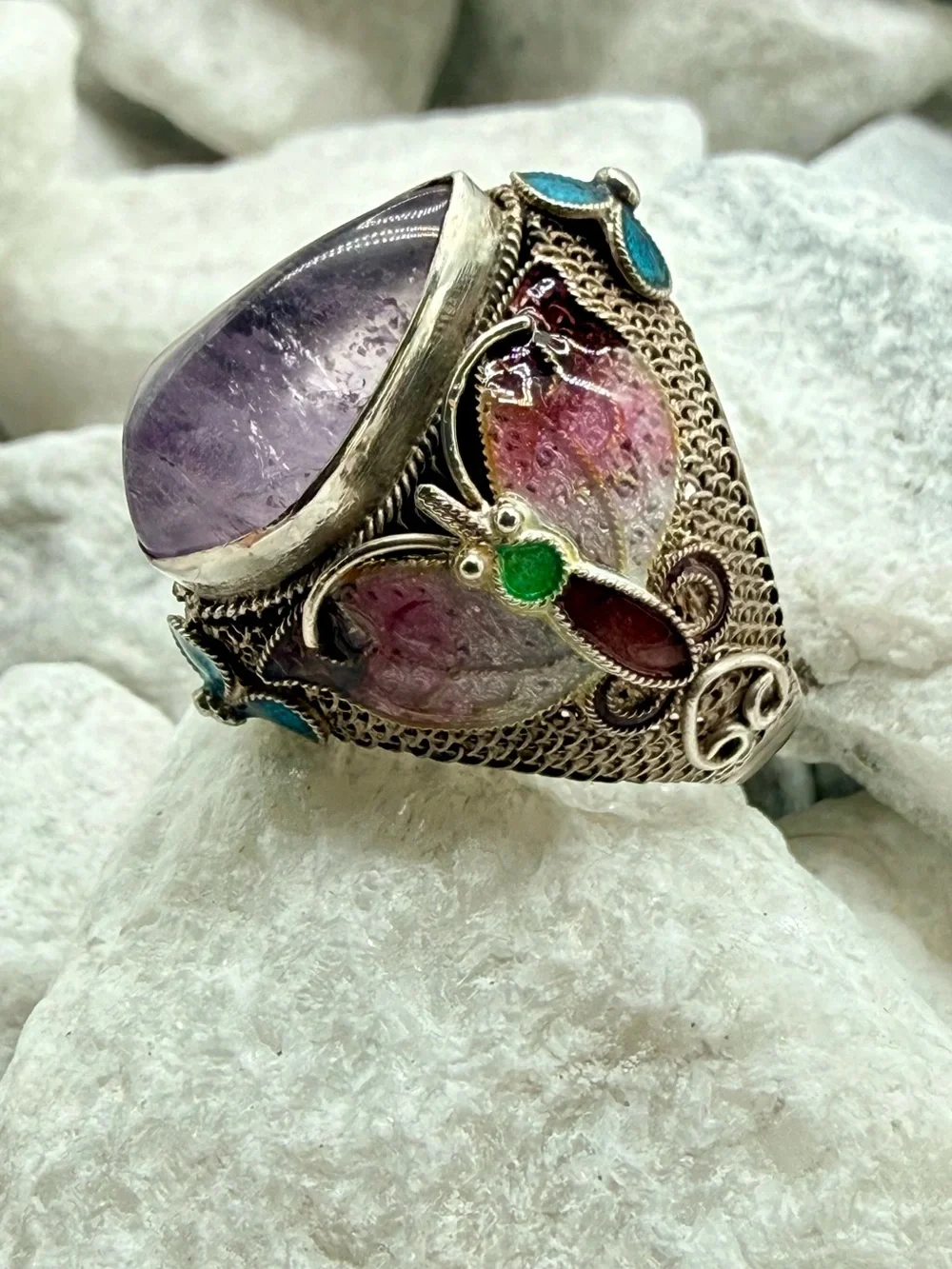 Vintage Chinese Export Sterling Silver Amethyst Enamel Butterfly Ring Size 7 10g